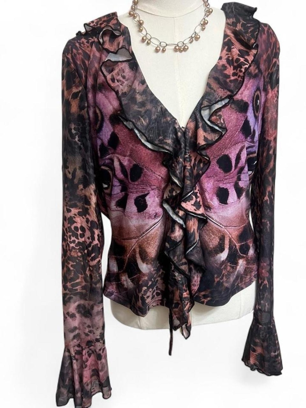 Purple pink black butterfly leopard print ruffle blouse tie front fairy y2k